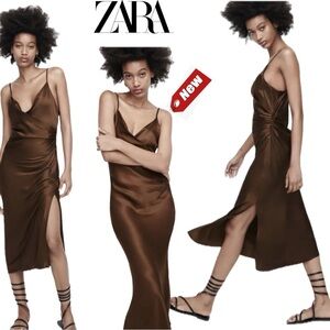 Zara chocolate brown satin effect spaghetti strap V-neck slip dress side slit L
